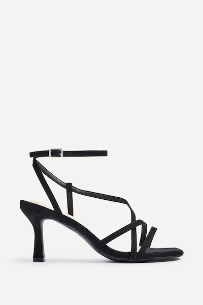 Linzi Cassie Wide Fit Black Faux Suede Strappy Square Toe Heeled Sandal