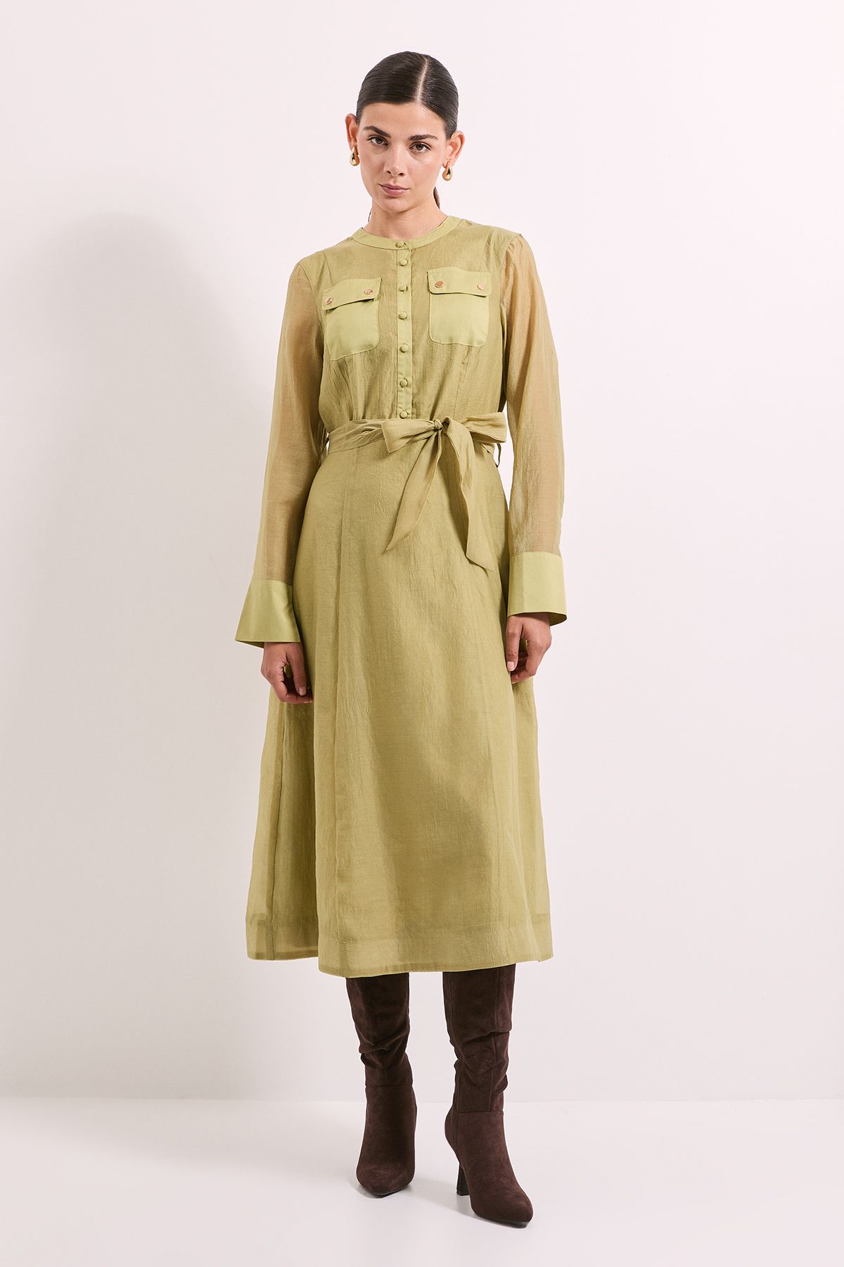 Principles Green Patch Pocket Detail Organza Shirt Dress Olive image 1