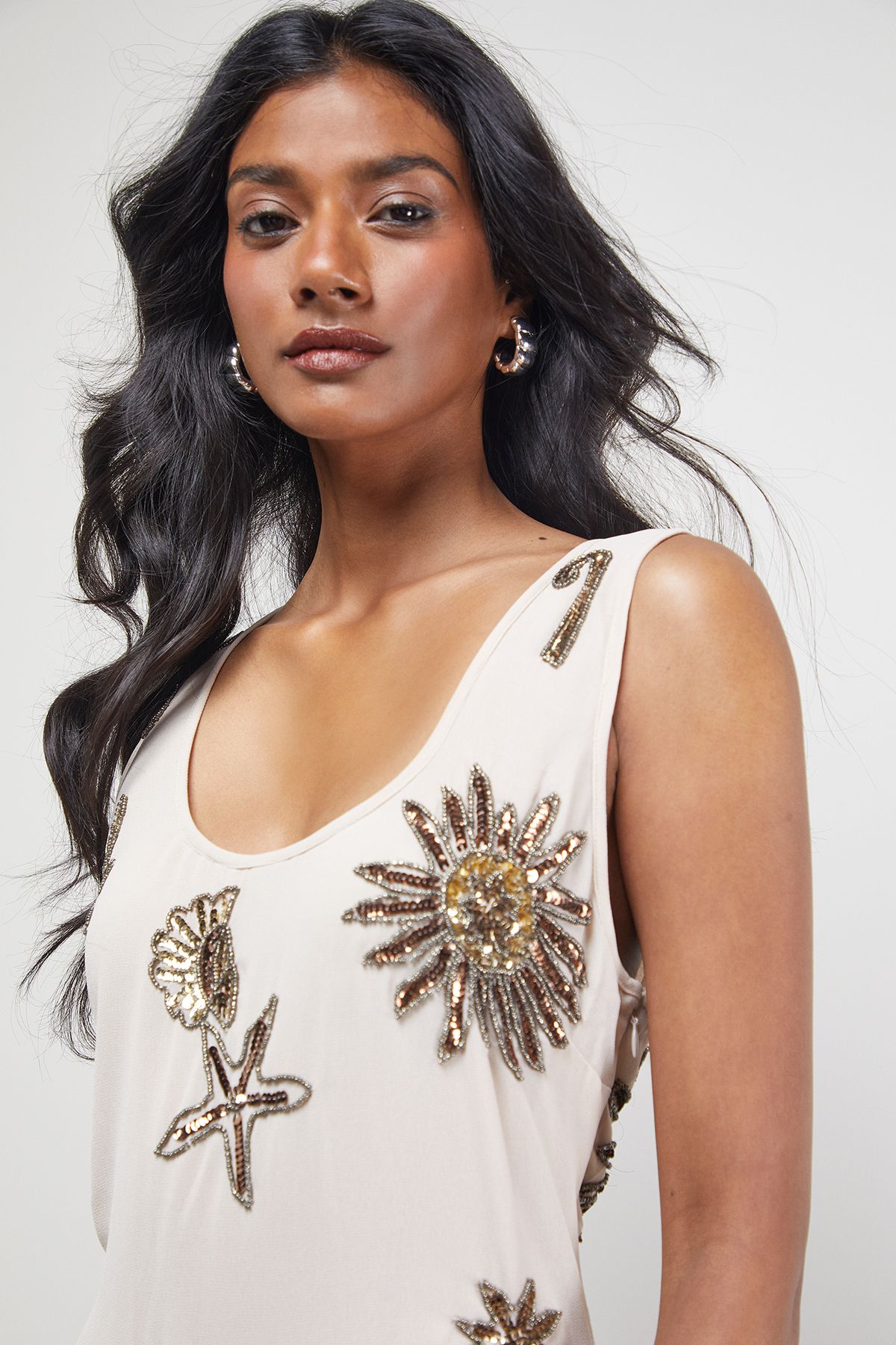 Warehouse Hen Hand Embellished Celestial Scoop Neck Mini Dress Ivory image 4