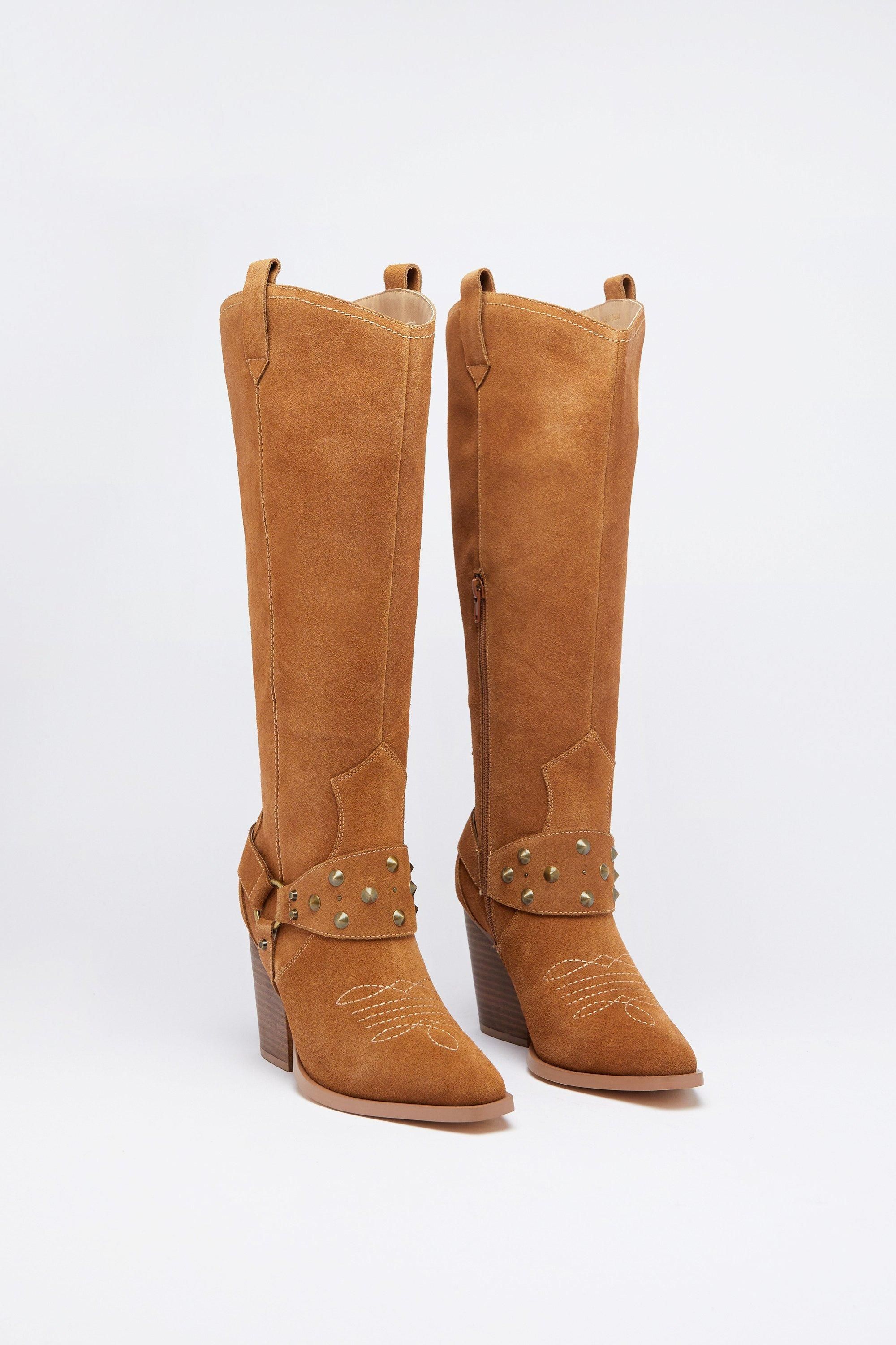 Warehouse Suede Harness Detail Knee High Cowboy Boot Tan image 2