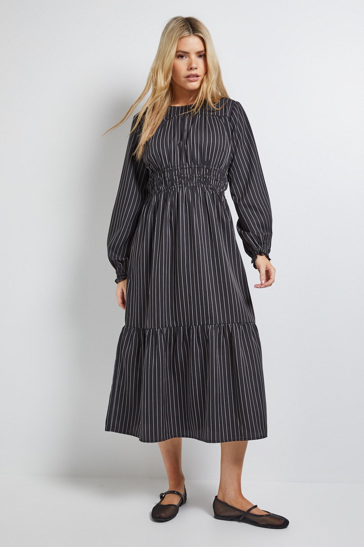 Dorothy Perkins Shirred Bodice Tiered Stripe Midi Dress Black image 1