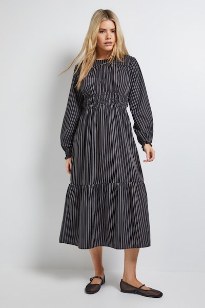 Dorothy Perkins Shirred Bodice Tiered Stripe Midi Dress Black