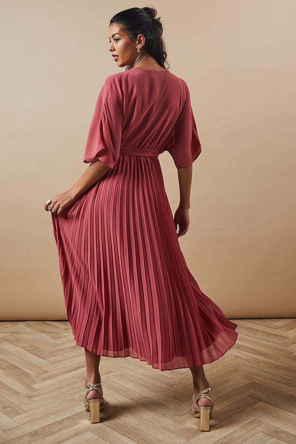 Oasis Petite Occasion Kimono Sleeve Pleated Midi Dress Rose image 3