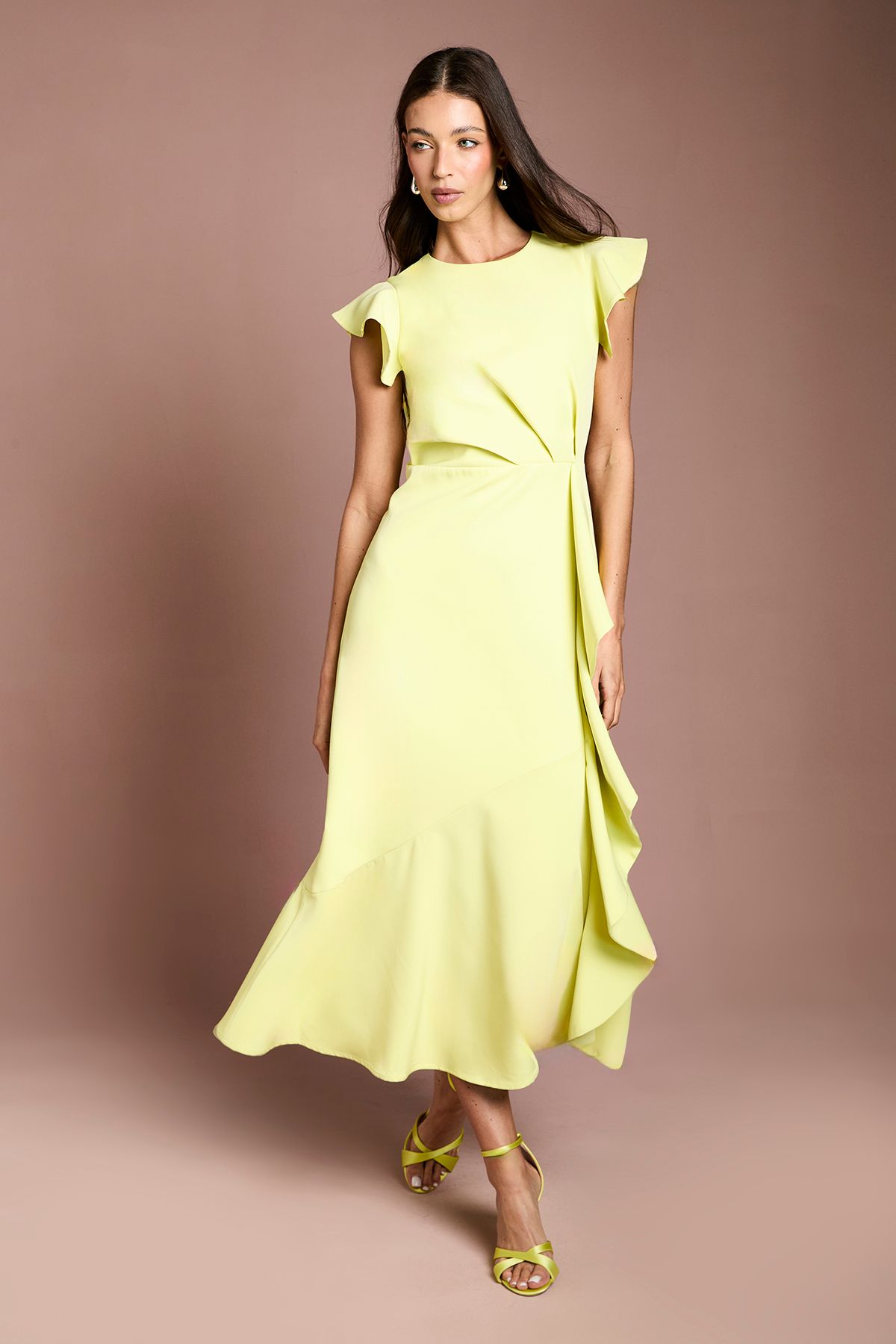 Coast Crepe Ruffle Detail Midi Dress Chartreuse