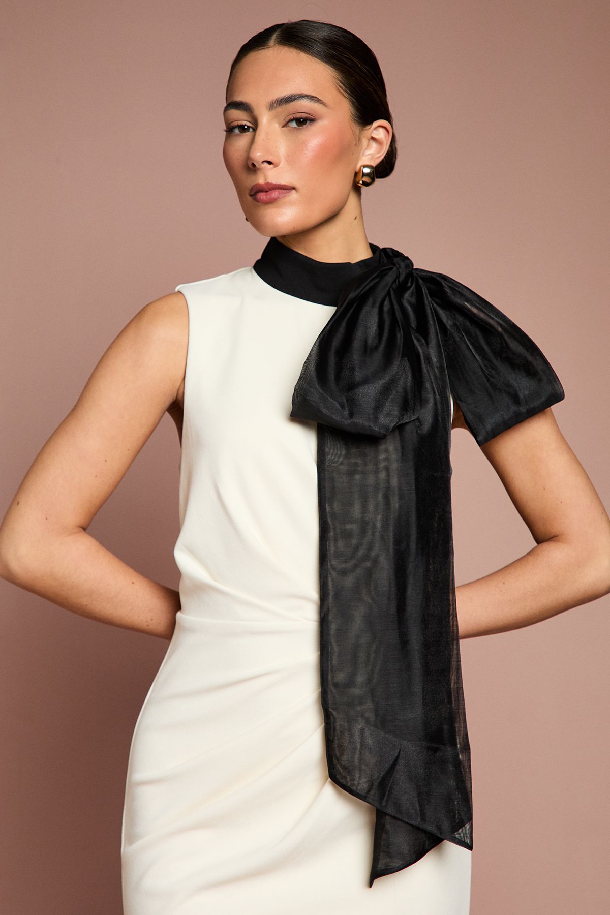 Coast Lisa Tan Stretch Crepe Organza Pussybow Column Midi Dress Cream image 2