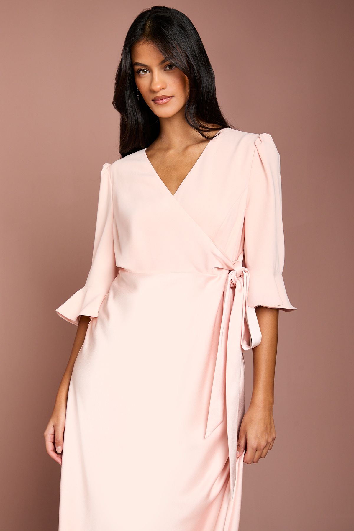 Coast Petite Ruffle Sleeve Satin Back Crepe Wrap Dress Blush image 2