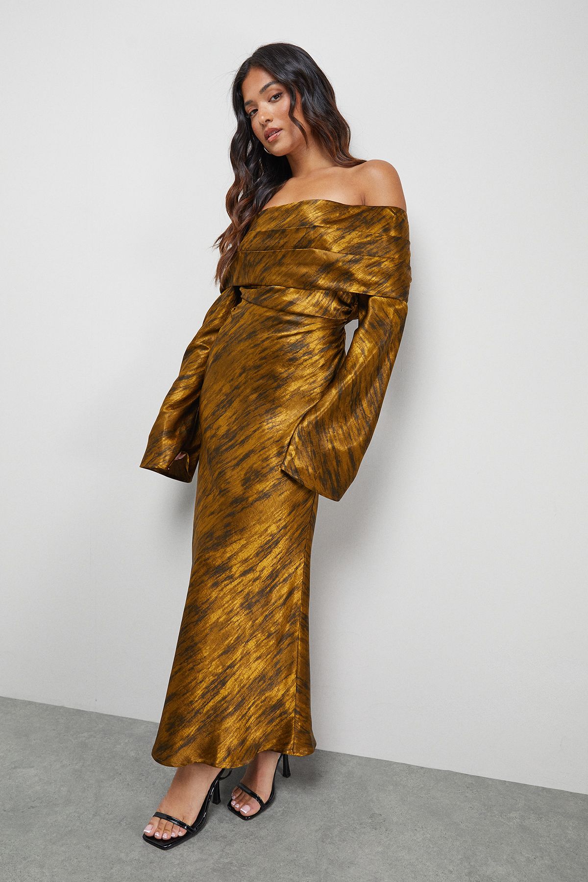 Warehouse Petite Shimmer Satin Foldover Bardot Bias Midi Dress Chocolate image 1