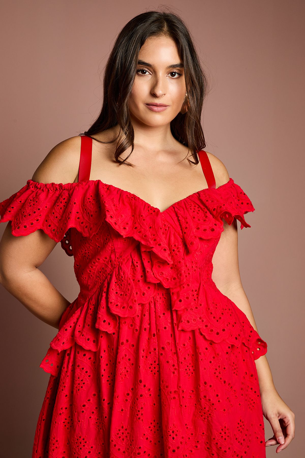 Coast Plus Strappy Cold Shoulder Broderie Frill Midi Dress Red image 2