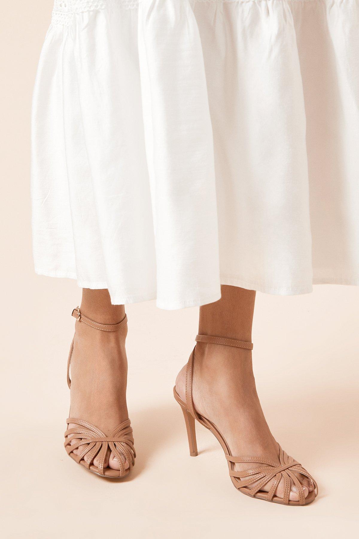 Dorothy Perkins Davey Faux Leather Caged Front High Heel Stiletto Court Shoes Camel image 2