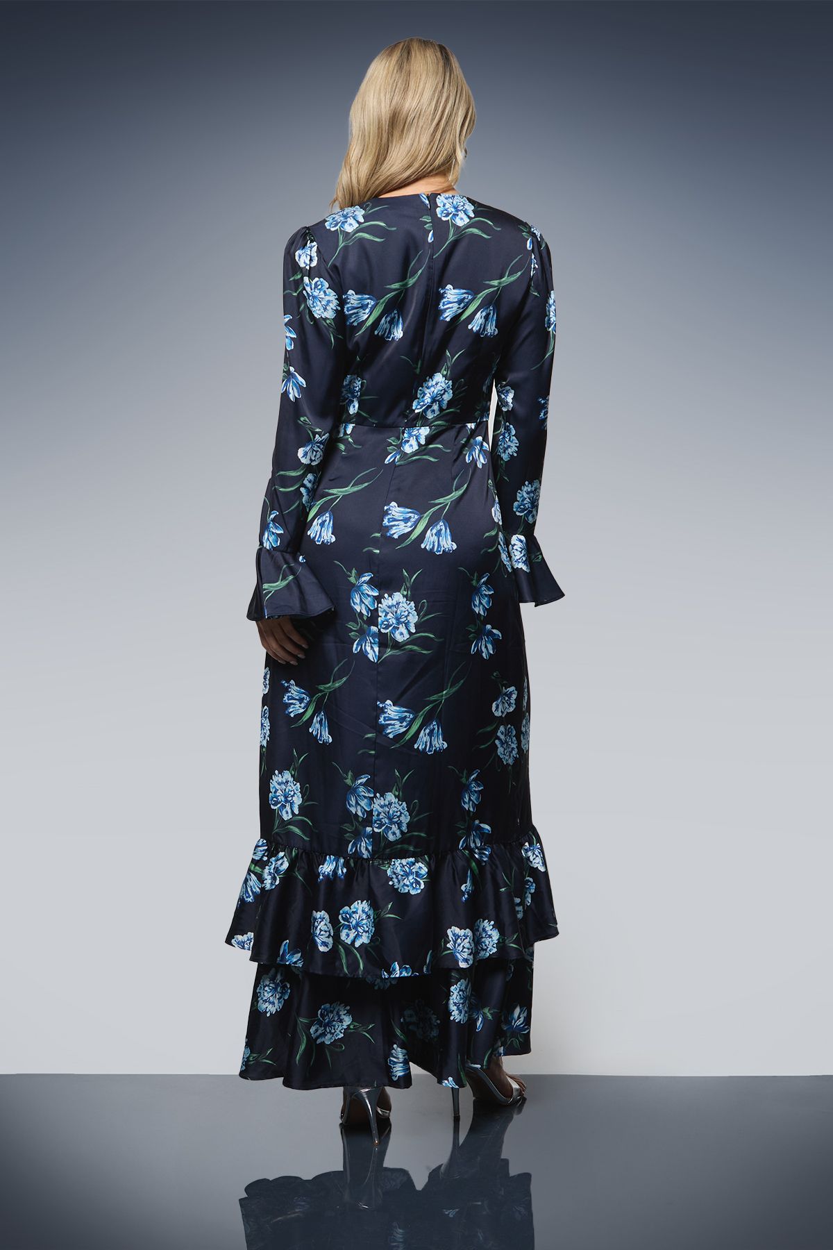 Dorothy Perkins DP Luxe Printed Satin Double Frill Hem Maxi Dress Navy image 3