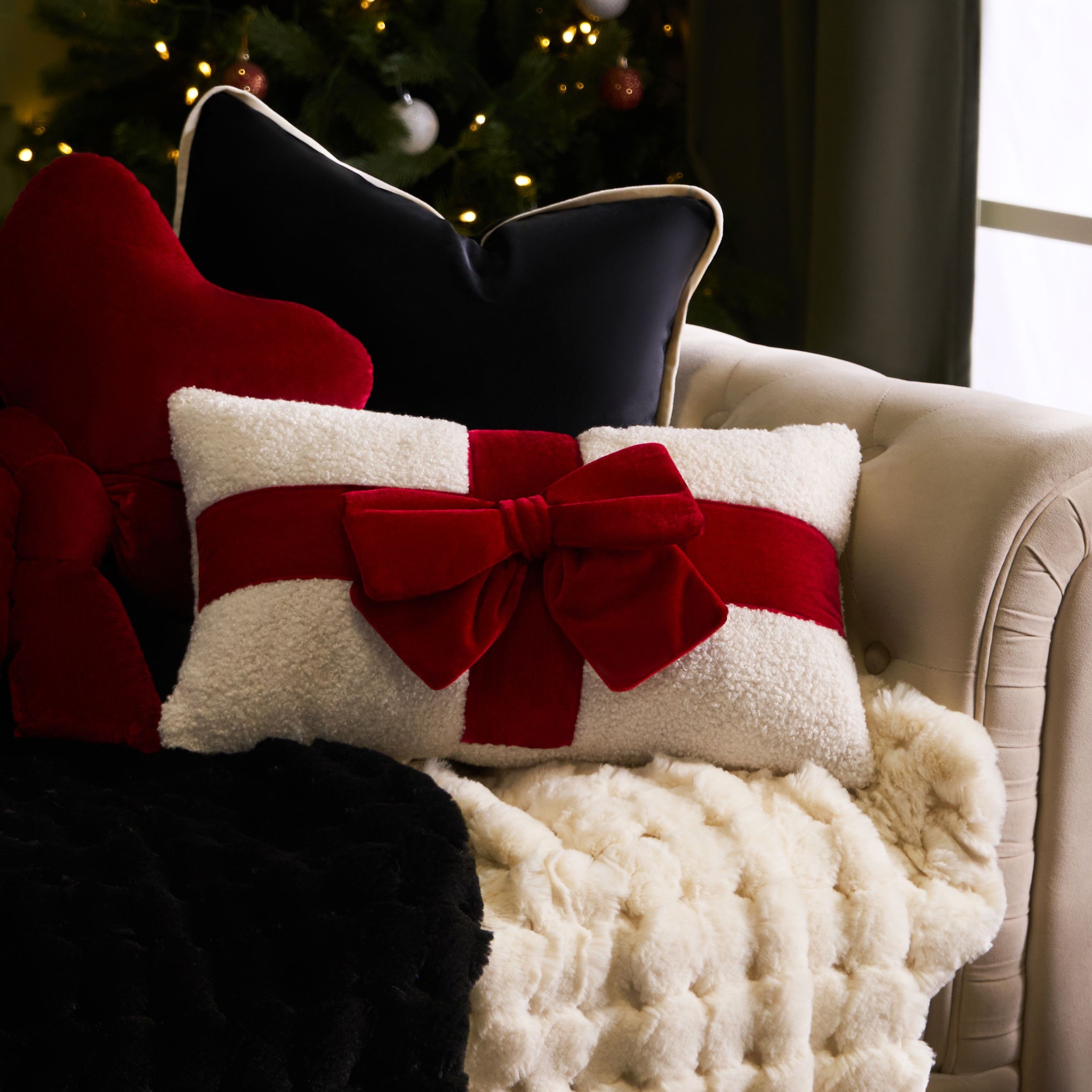 OHS Bow Wrapped Boucle Throw Pillow Scatter Cushion