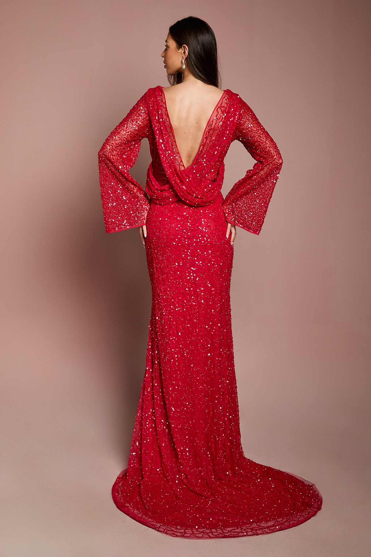 Coast Long Sleeve Flare Sleeve Cowl Back Sequin Maxi Dress Red image 3