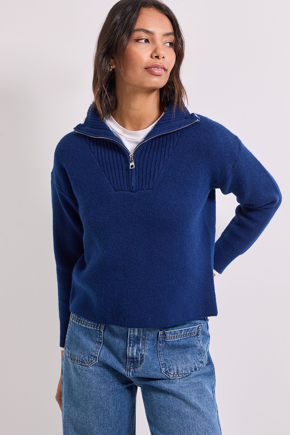 Dorothy Perkins Zip Up Knitted Jumper Navy