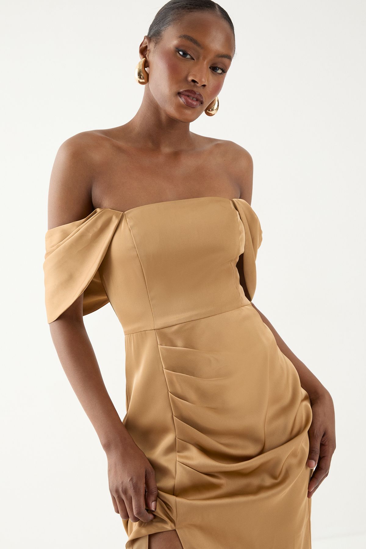 MissPap Bardot Ruched Satin Bridesmaid Dress Bronze image 3