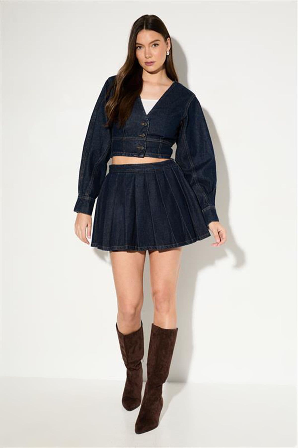 MissPap Pleated Detail Denim Wrap Skirt Indigo