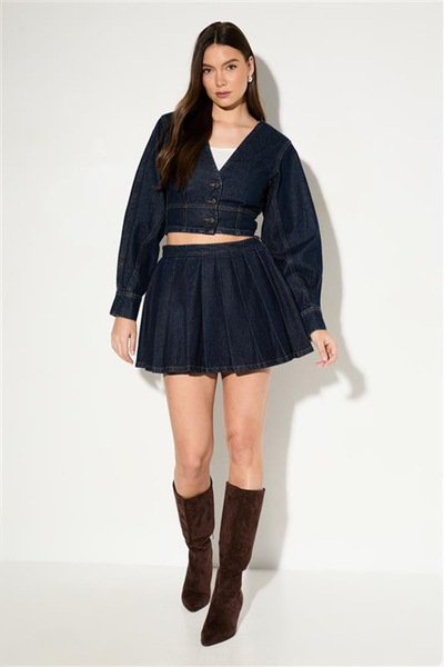 MissPap Pleated Detail Denim Wrap Skirt Indigo