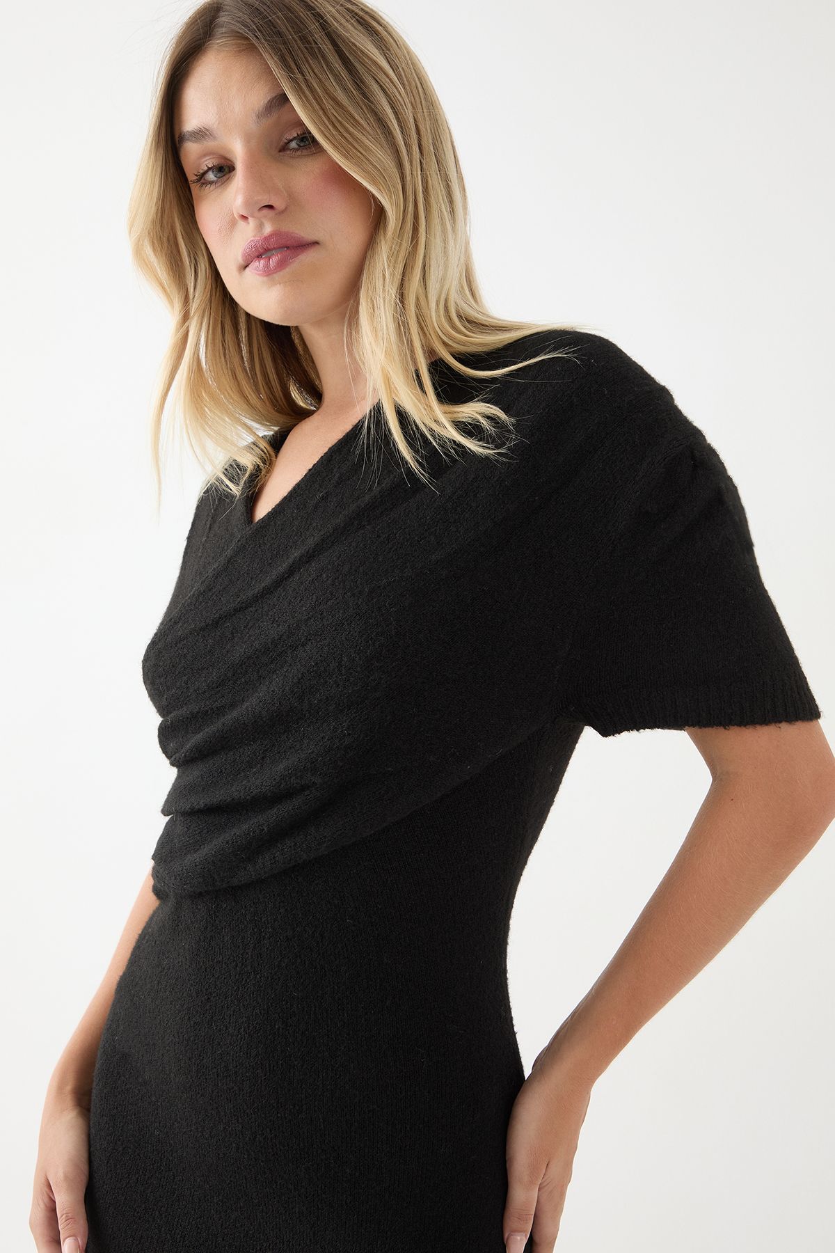 MissPap Knitted Wrap Front Split Hem Maxi Dress Black image 4