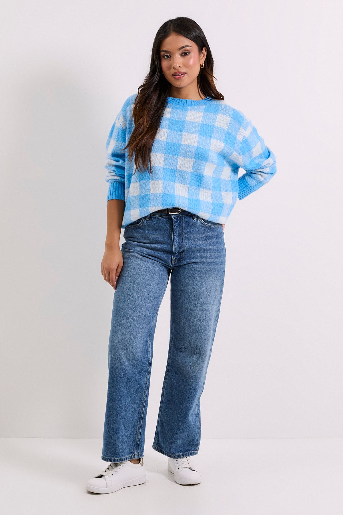 Dorothy Perkins Petite Check Crew Neck Jumper Light Blue image 2