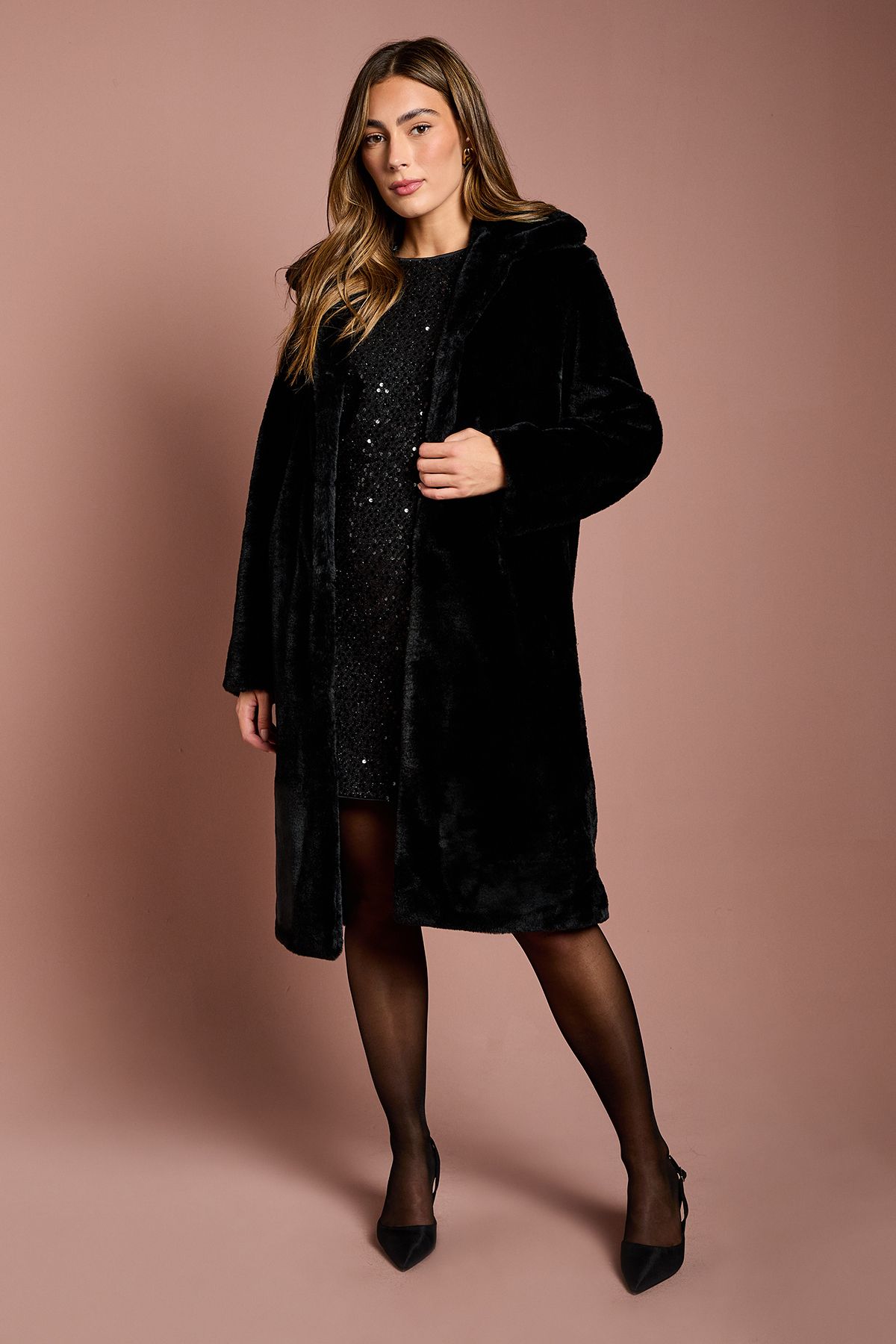 Coast Black Faux Fur Longline Collared Coat Black image 1