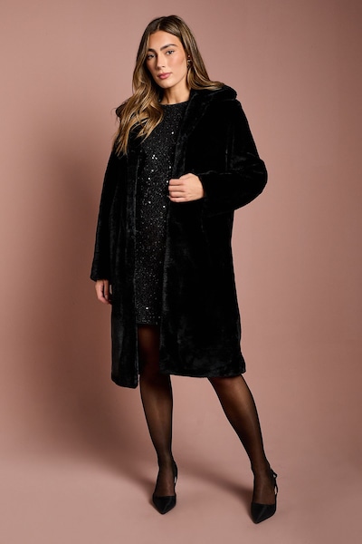 Coast Black Faux Fur Longline Collared Coat Black