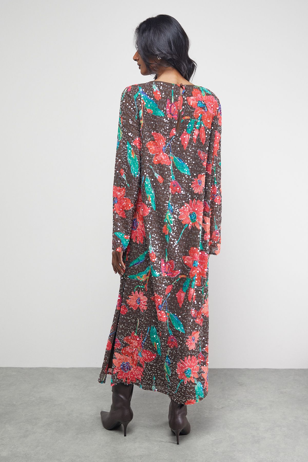 Warehouse Sequin Column Midi Dress Chocolate image 3