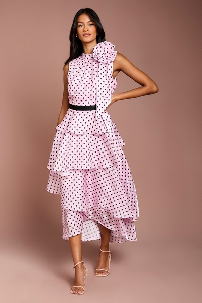 Coast Petite Polka Dot Tiered Organza Midi Dress Pink