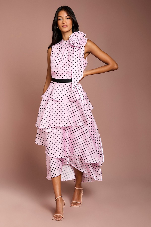 Coast Petite Polka Dot Tiered Organza Midi Dress Pink