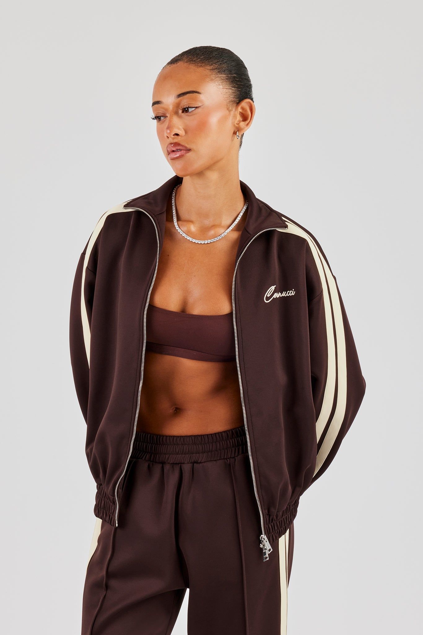 Cernucci Funnel Neck Taping Zip Through Track Jacket - Chocolate image 1