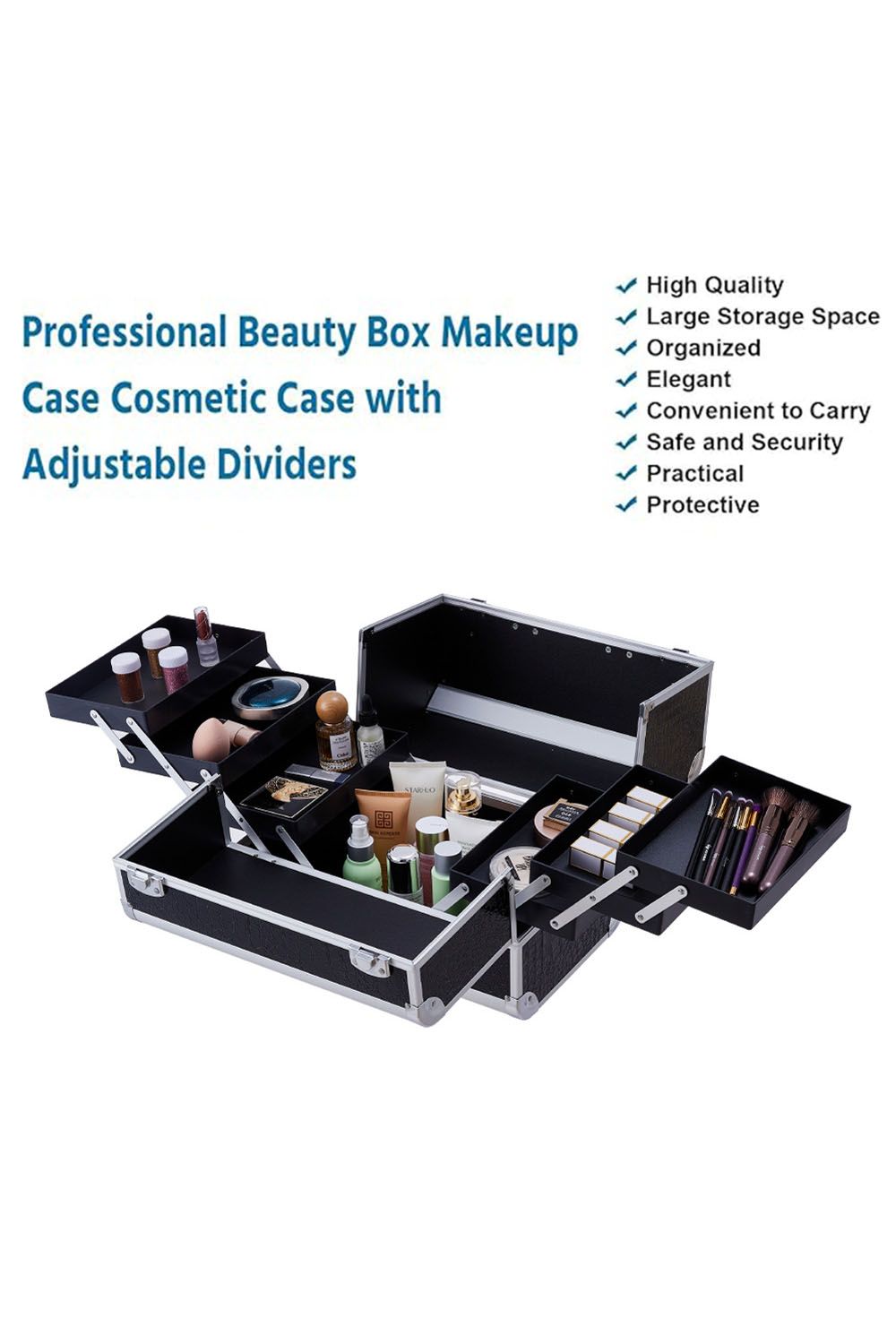 SHEONLY Black Makeup Box Professional Cosmetic Organizer Aluminum Storage Box with 6 Trays image 6