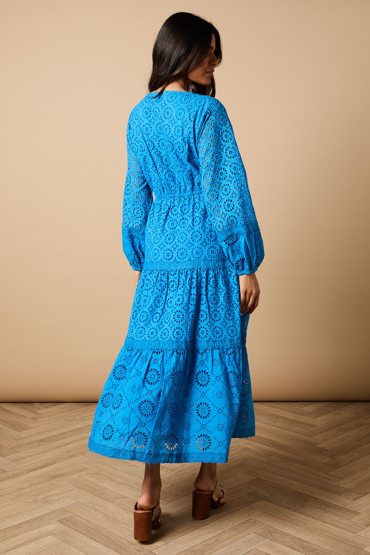 Oasis Petite Broderie Trim Detail Puff Sleeve Midi Dress Cobalt image 3