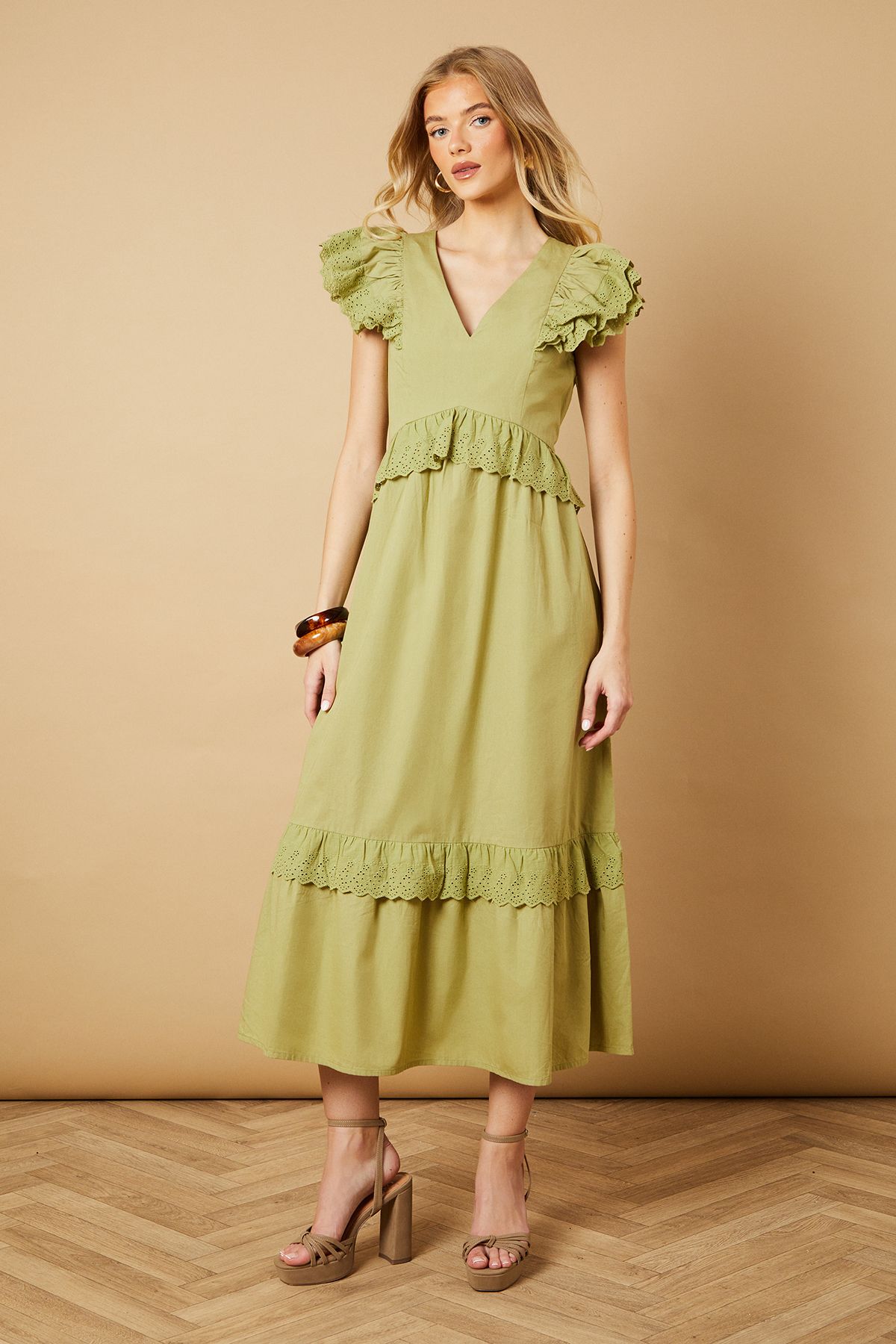 Oasis Broderie Panel Ruffle Maxi Dress Khaki