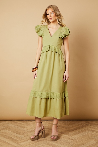 Oasis Broderie Panel Ruffle Maxi Dress Khaki