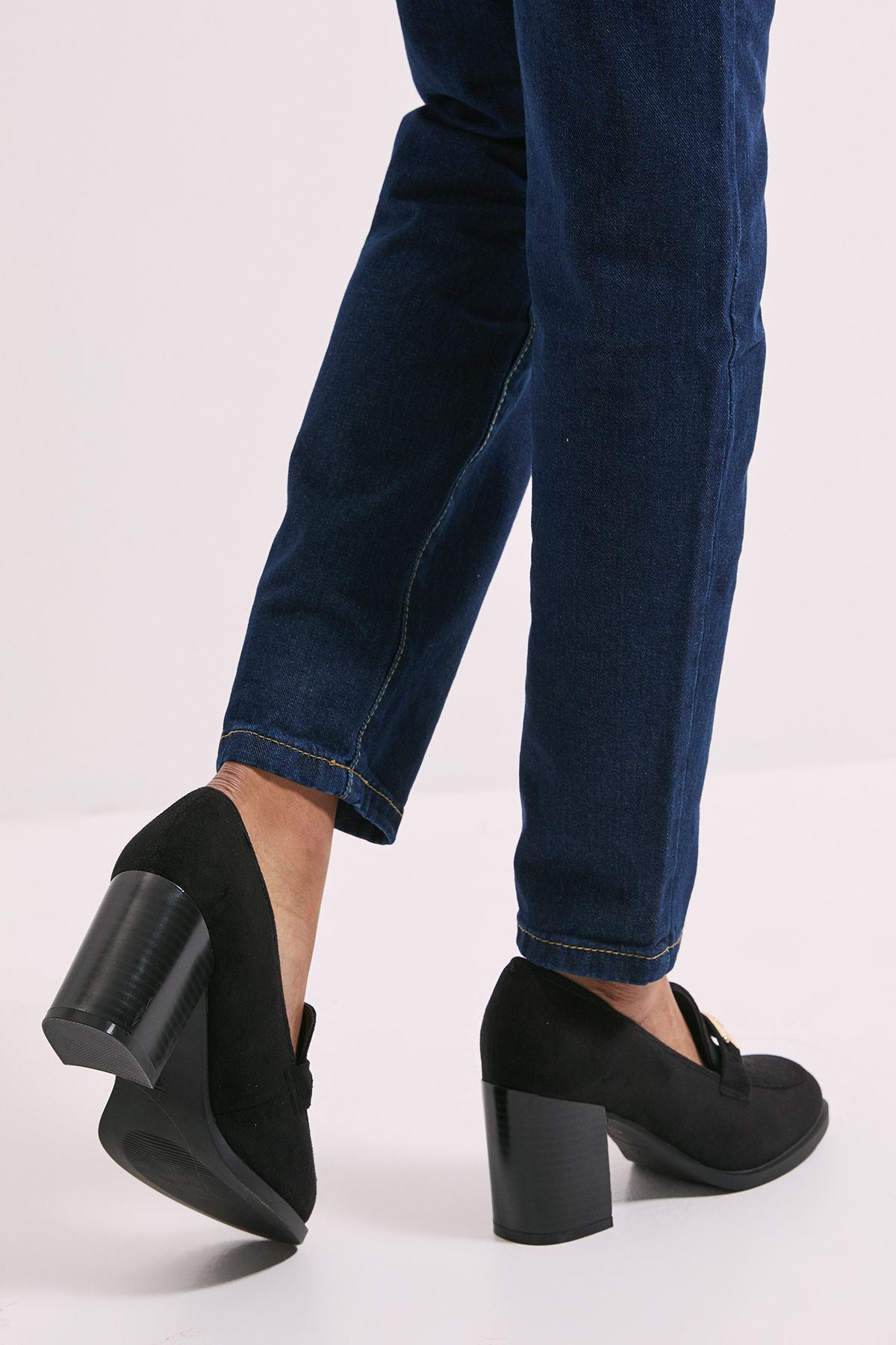Dorothy Perkins Wide Fit Benita Faux Suede Snaffle Detail High Block Heeled Loafers Natural Black image 3