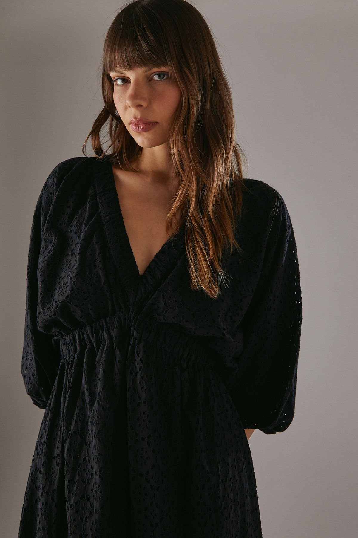 Warehouse Broderie Plunge Neck Volume Sleeve Smock Midi Dress Black image 4