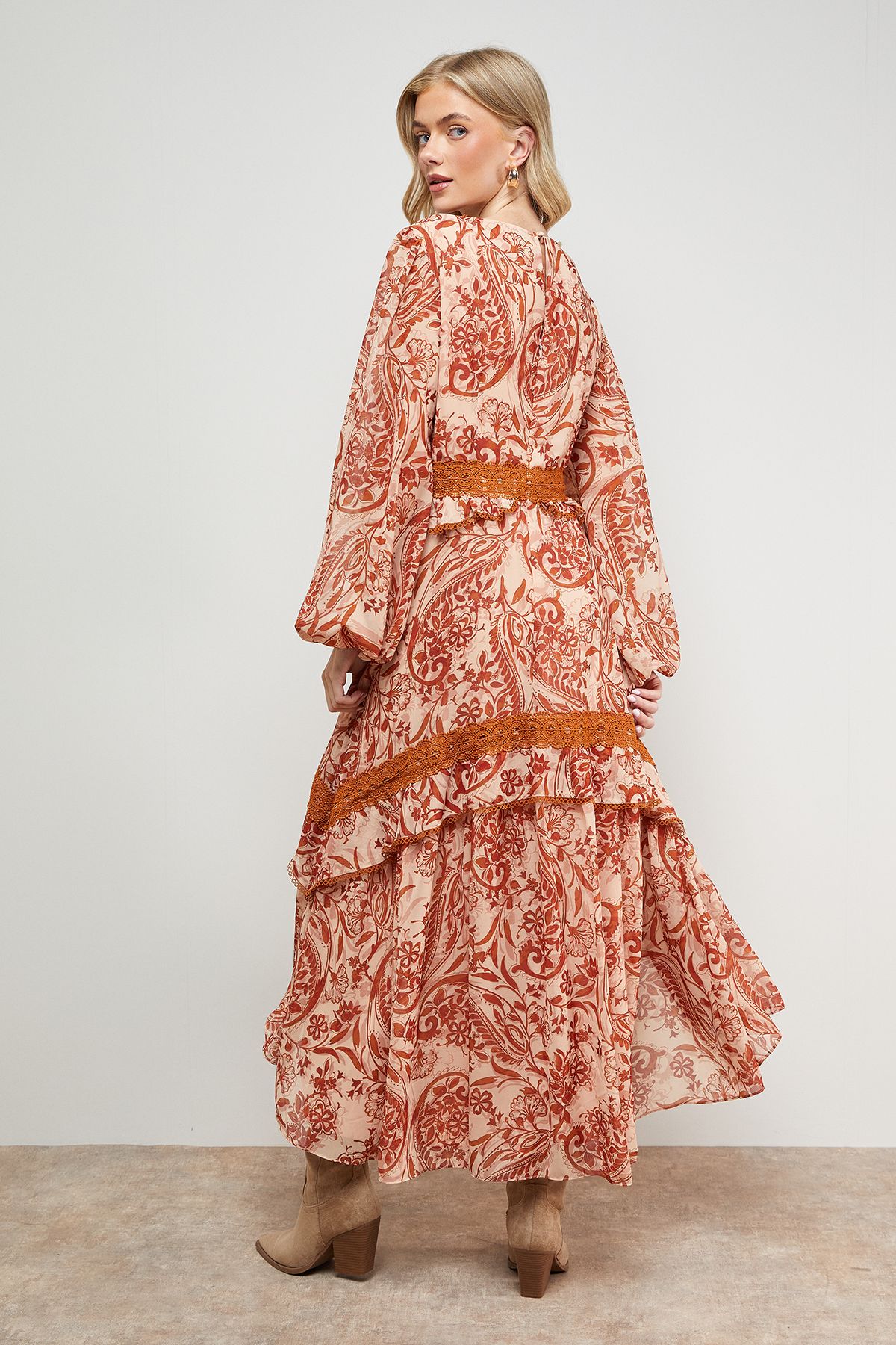 Oasis Printed Lace Detail Volume Boho Maxi Dress Floral image 5