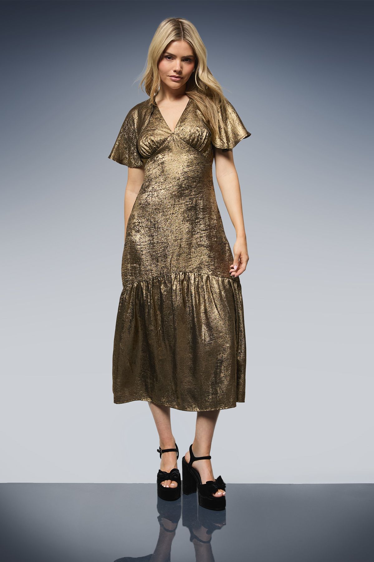 Dorothy Perkins DP Luxe Cape Sleeve Metallic Satin Midaxi Dress Gold image 1