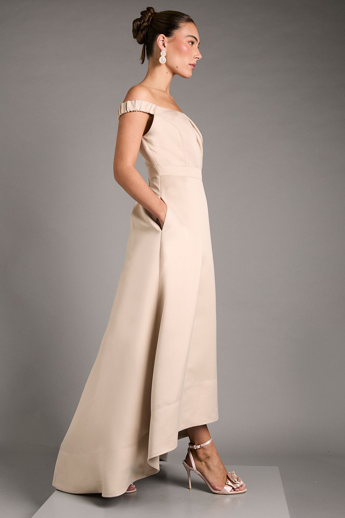 Coast Bardot Fit and Flare Hi Low Hem Maxi Dress Champagne image 4