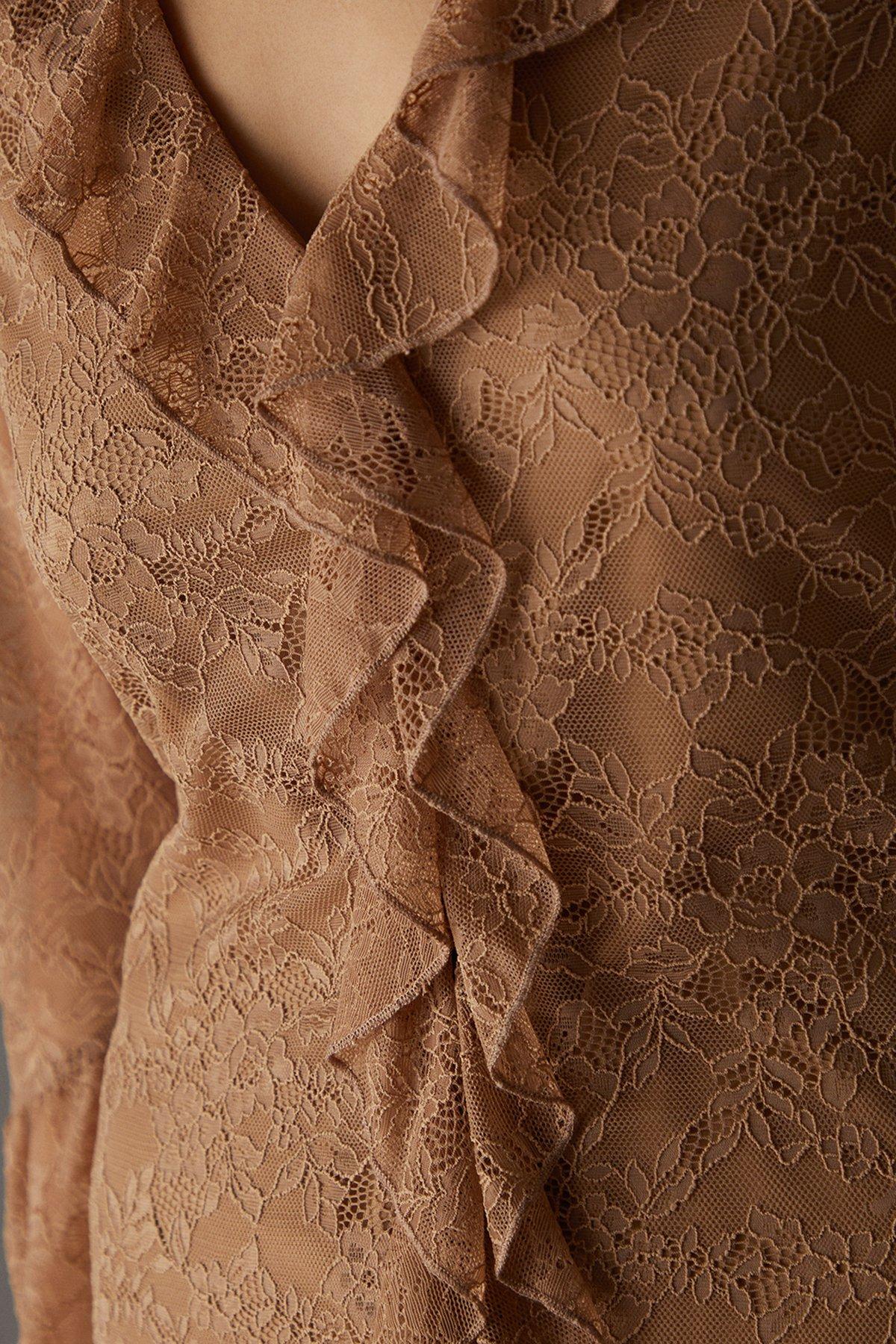 Warehouse Lace Button Through Ruffle Maxi Dress Tan image 4
