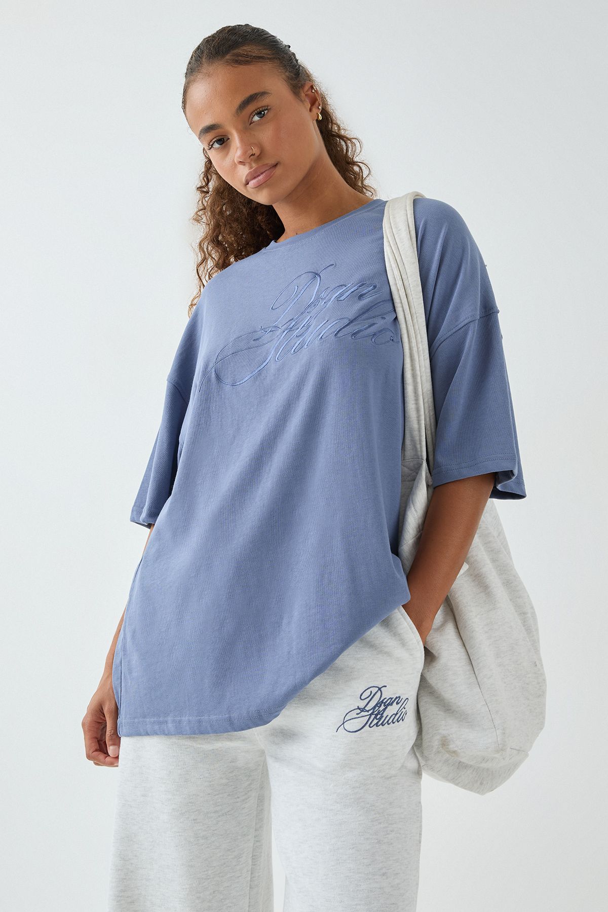 DSGN Studio DSGN Studio Script Embroidered Crew Neck Oversized T-Shirt Blue image 1