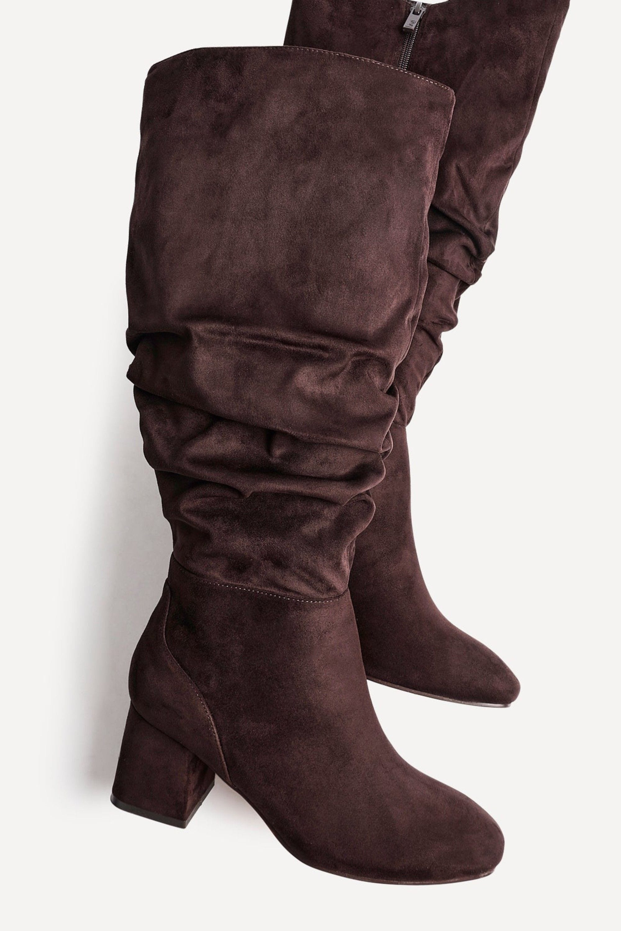 Linzi Inferno Wide Fit Brown Faux Suede Ruched Long Heeled Boot image 5