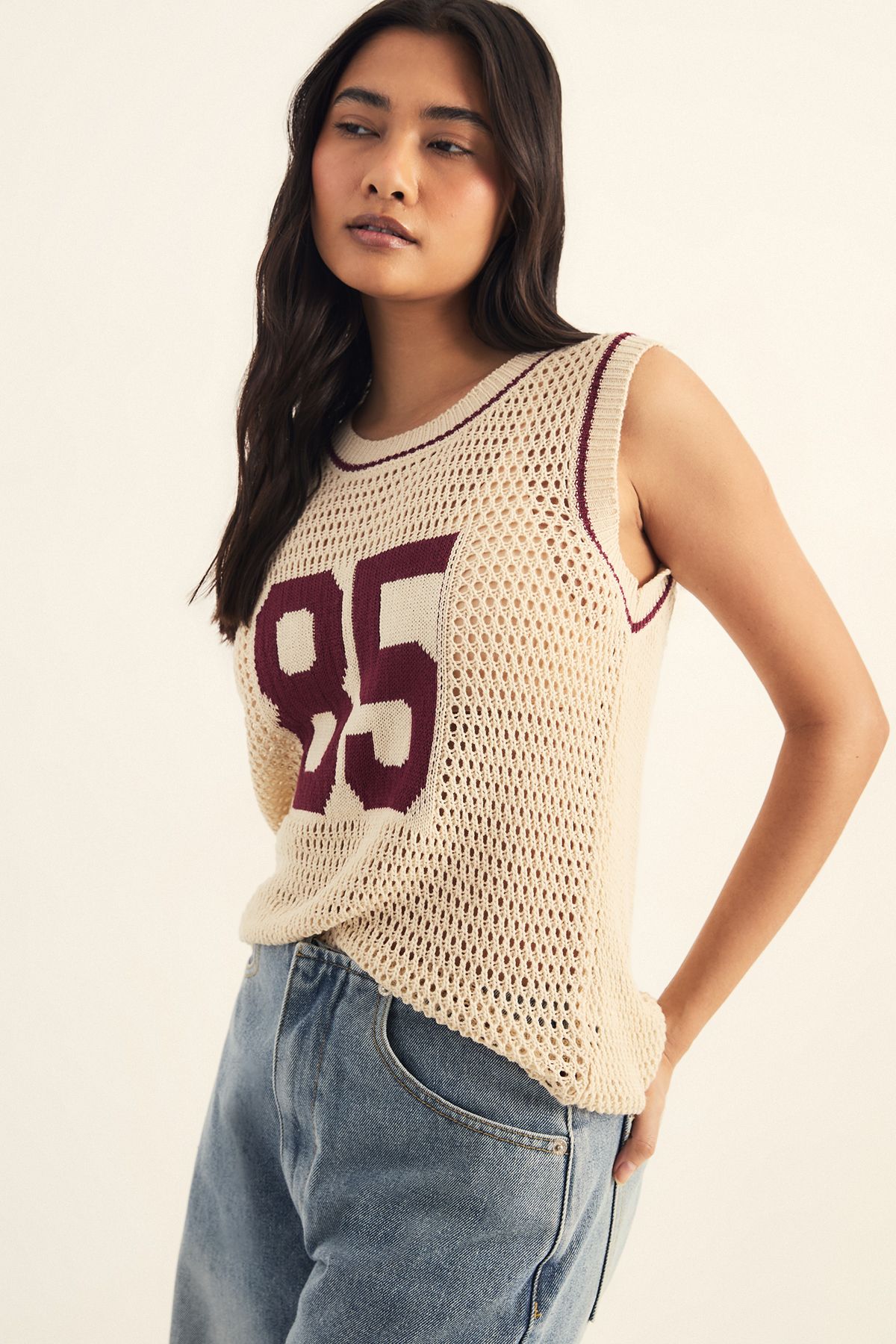 NastyGal Varsity Open Stitch Knitted Vest Top Ecru