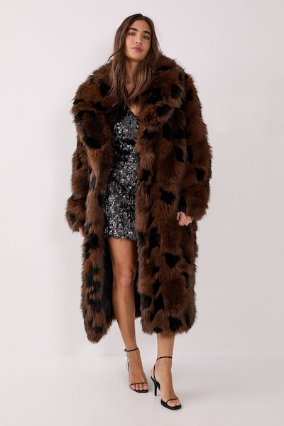 NastyGal Premium Textured Collared Faux Fur Longline Coat Brown