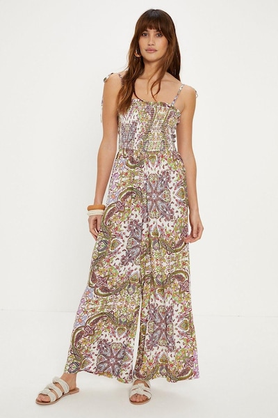 Oasis Petite Paisley Print Crinkle Shirred Jumpsuit Multi