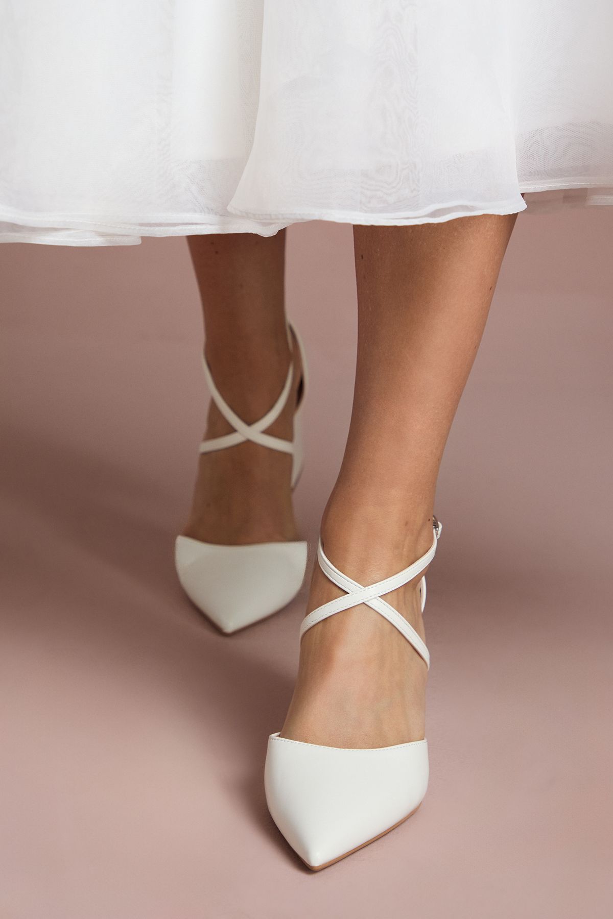 Coast Treat Faux Leather  Cross Strap Pointed Block Heel Court Shoes White image 2