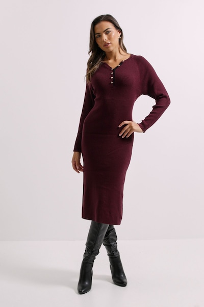 Dorothy Perkins Burgundy Henley Crew Knitted Midi Dress Burgundy