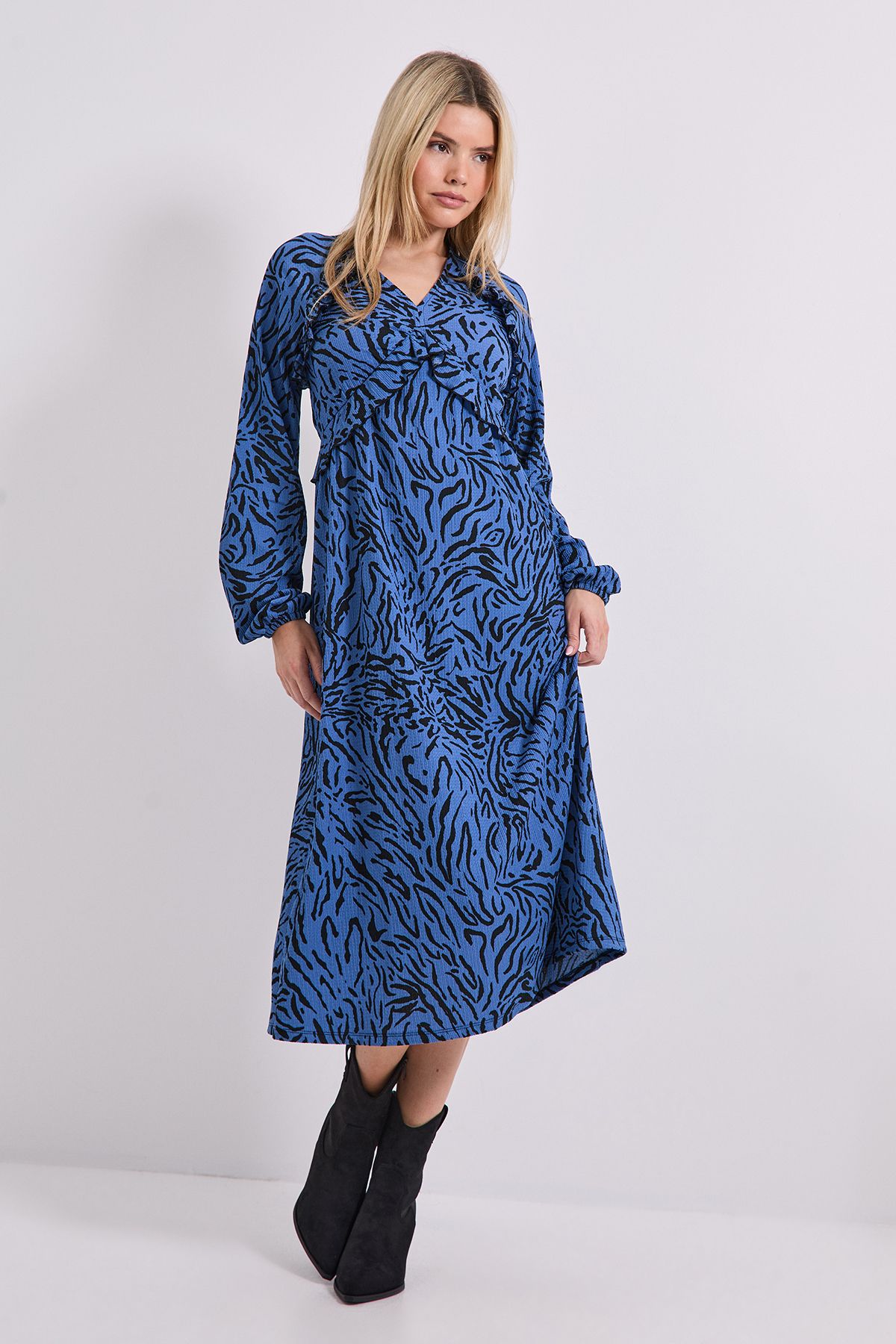 Dorothy Perkins Blue Zebra Empire Seam Frill Detail Jersey Midi Dress Blue image 1