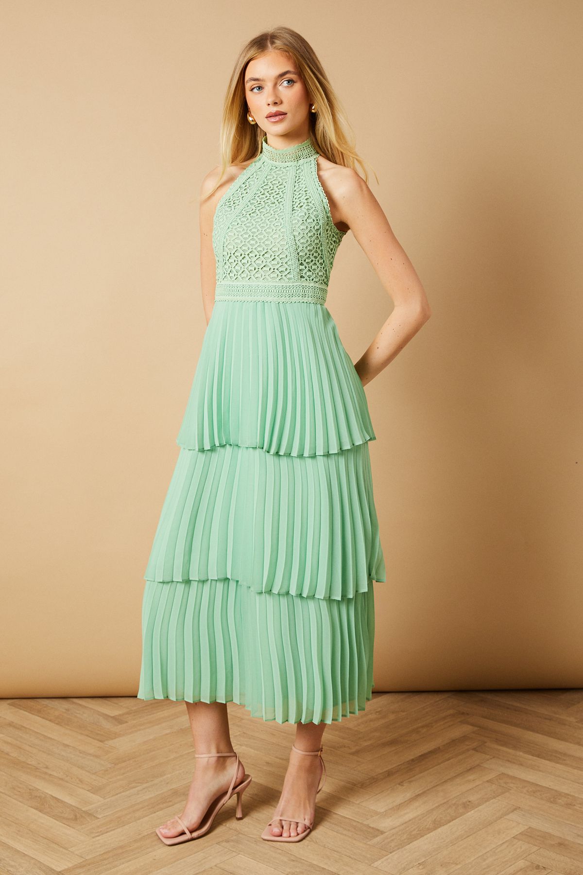 Oasis Lace Sleeveless Pleated Tiered Midaxi Dress Sage image 2