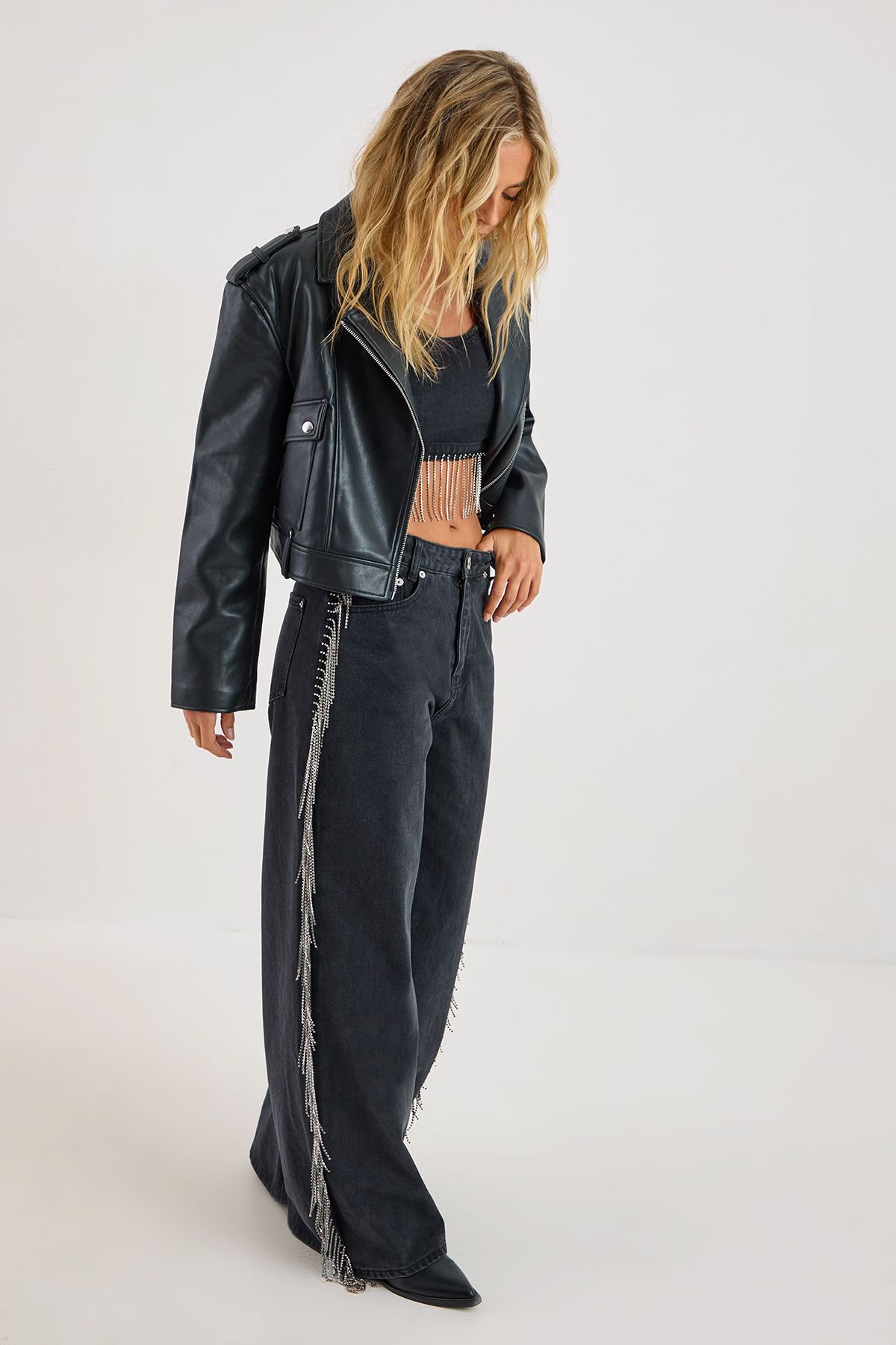 NastyGal Denim Diamonte Tassel Straight Leg Jeans Washed Black image 2