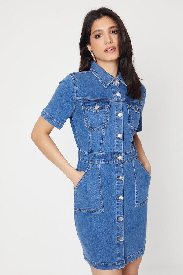 Dorothy Perkins Denim Short Sleeve Mini Dress Mid Wash