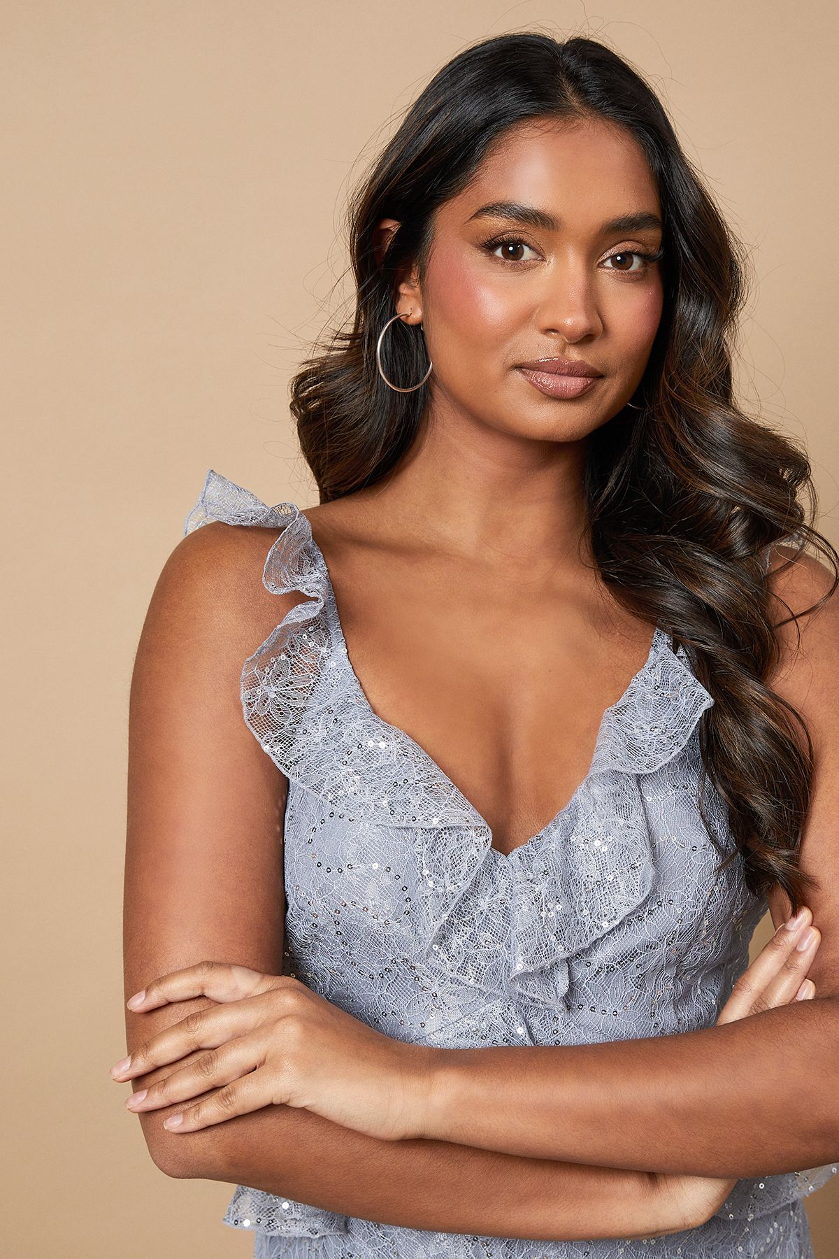 Oasis Sequin Lace Ruffle Detail Midaxi Dress Slate Grey image 4